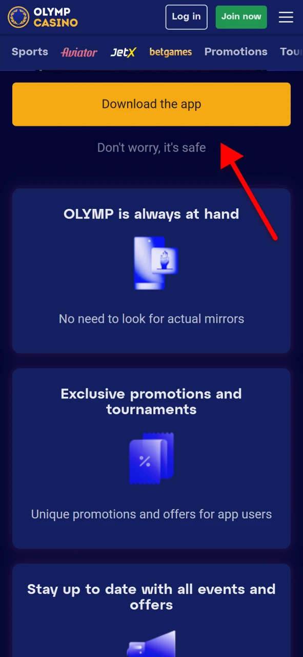Tap the download button on the Olymp Casino site to get the APK file securely.