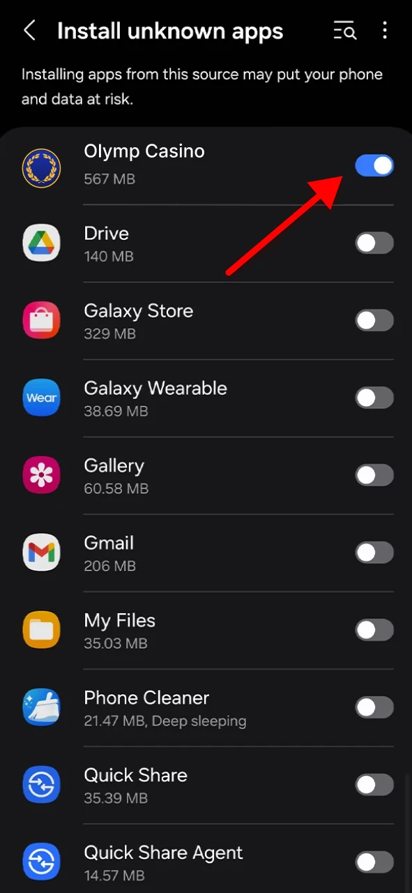 Allow installation from unknown sources in your Android settings to install the Olymp Casino app.