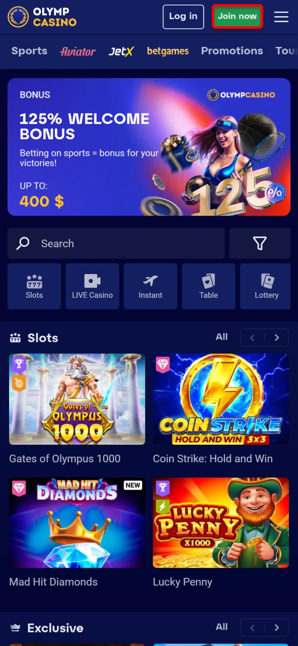 Go to the official Olymp Casino website on your Android phone to start the app download.