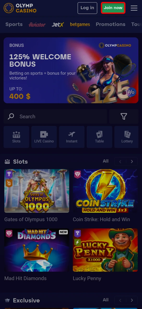 Go to olymp.casino and click the Register button to begin creating your account.