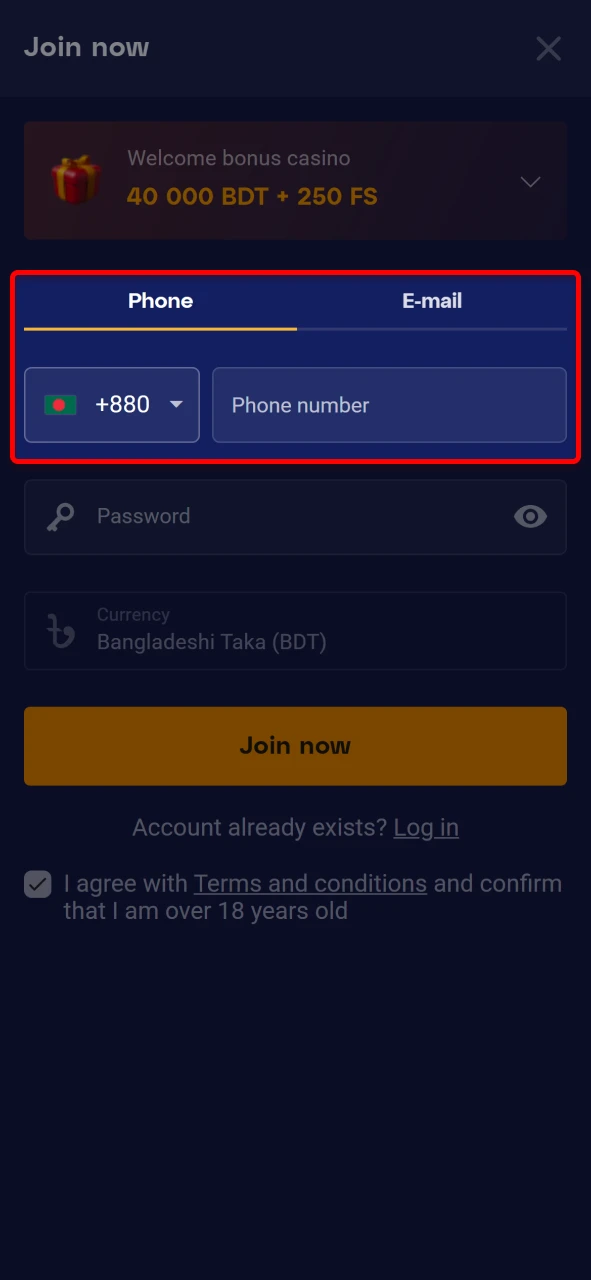 Enter your name, date of birth, and contact info to register at Olymp Casino BD.