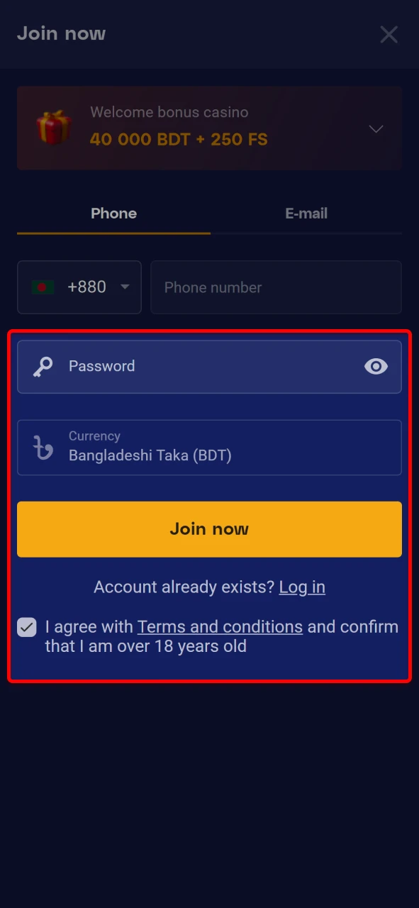 Set a strong password and accept the Olymp Casino terms to continue registration.
