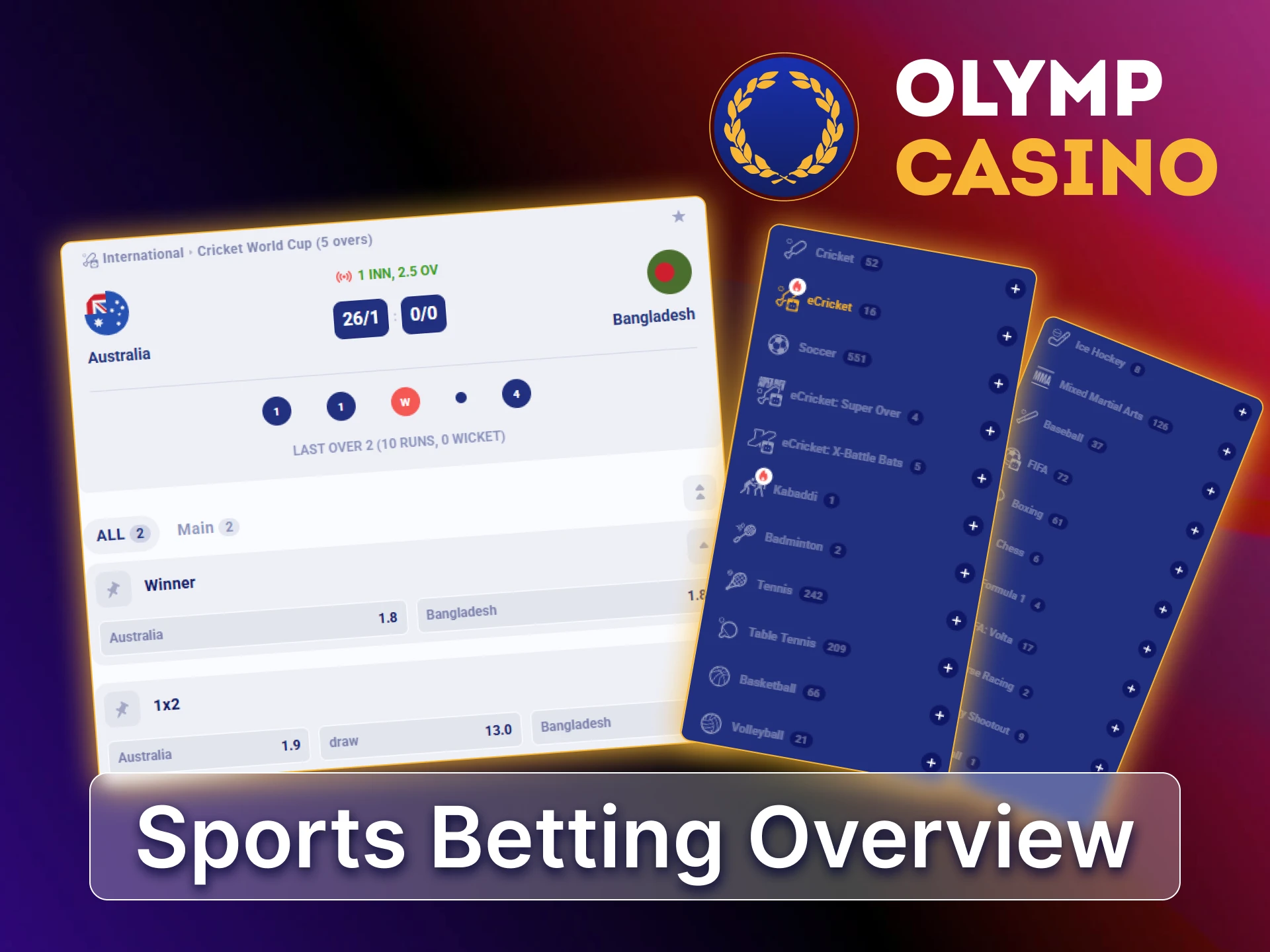 Sports betting at Olymp BD, cricket, football, kabaddi, pre match and live bets.
